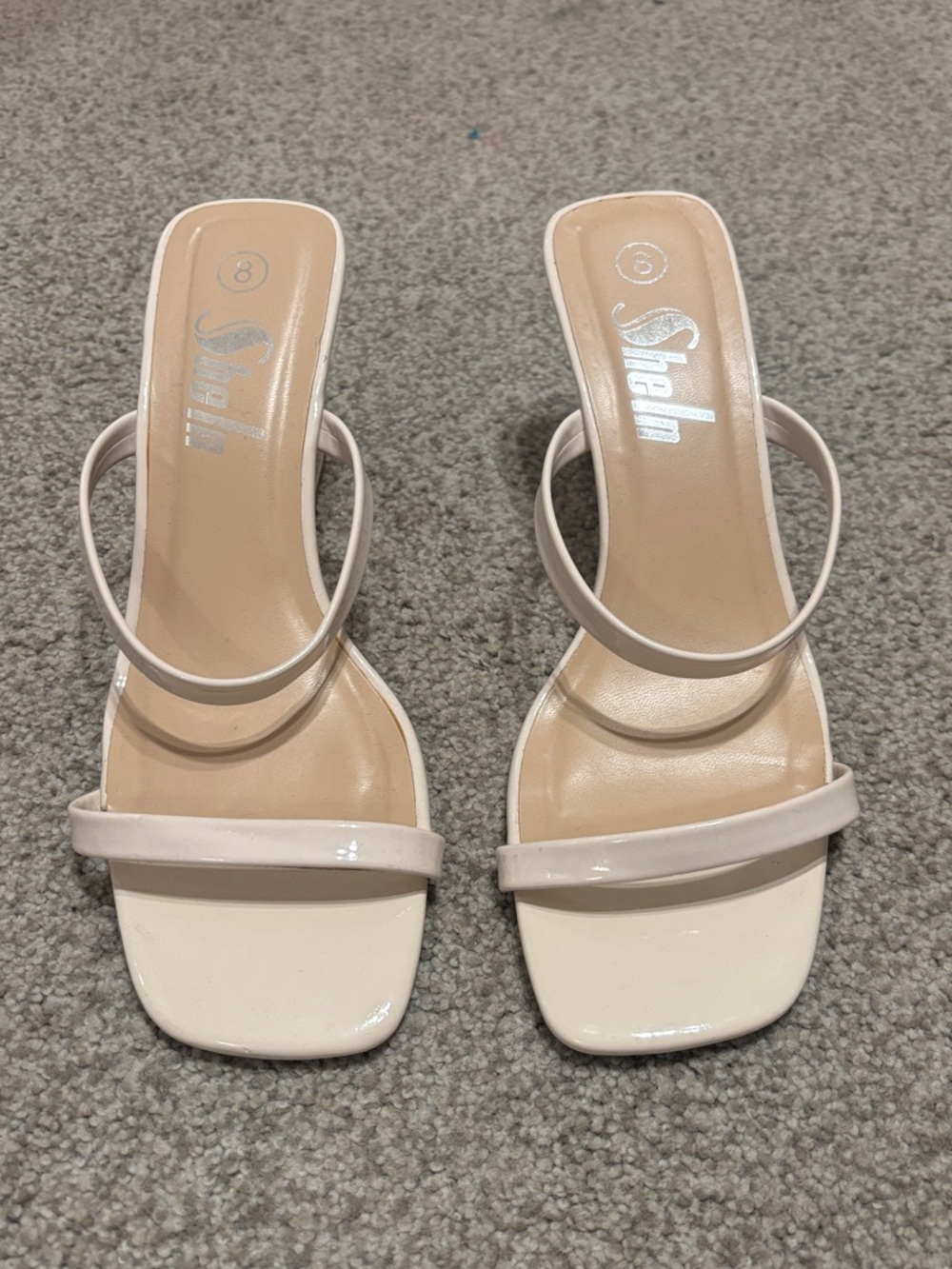 Cream Patent Square-Toe Double-Strap Heeled wedges